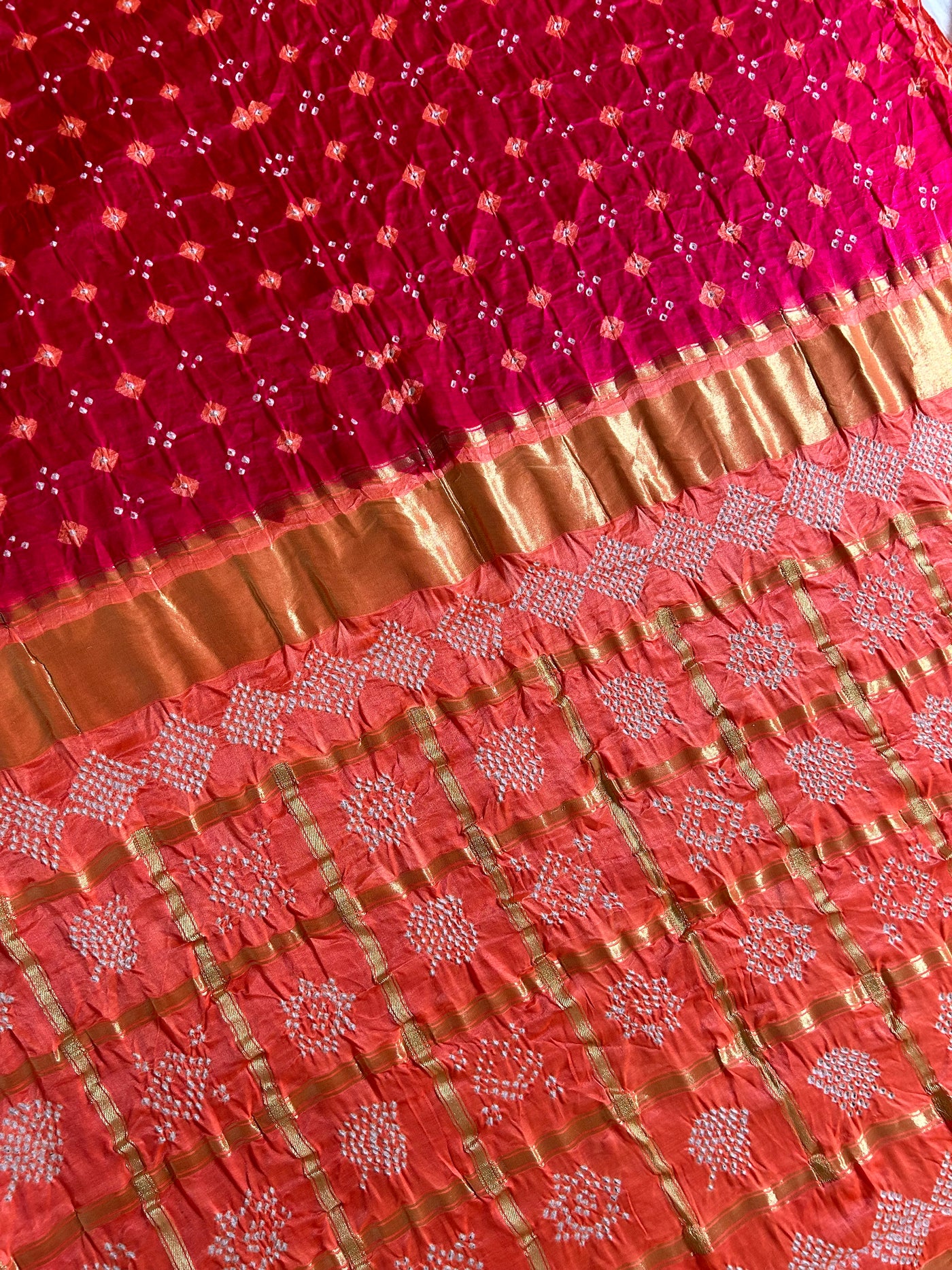 GAURI: Pure Gajji Silk Rai dana designer Bandhani Gharchola Saree.