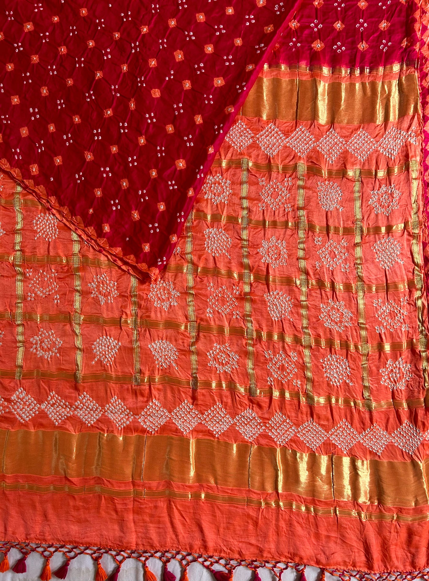 GAURI: Pure Gajji Silk Rai dana designer Bandhani Gharchola Saree.