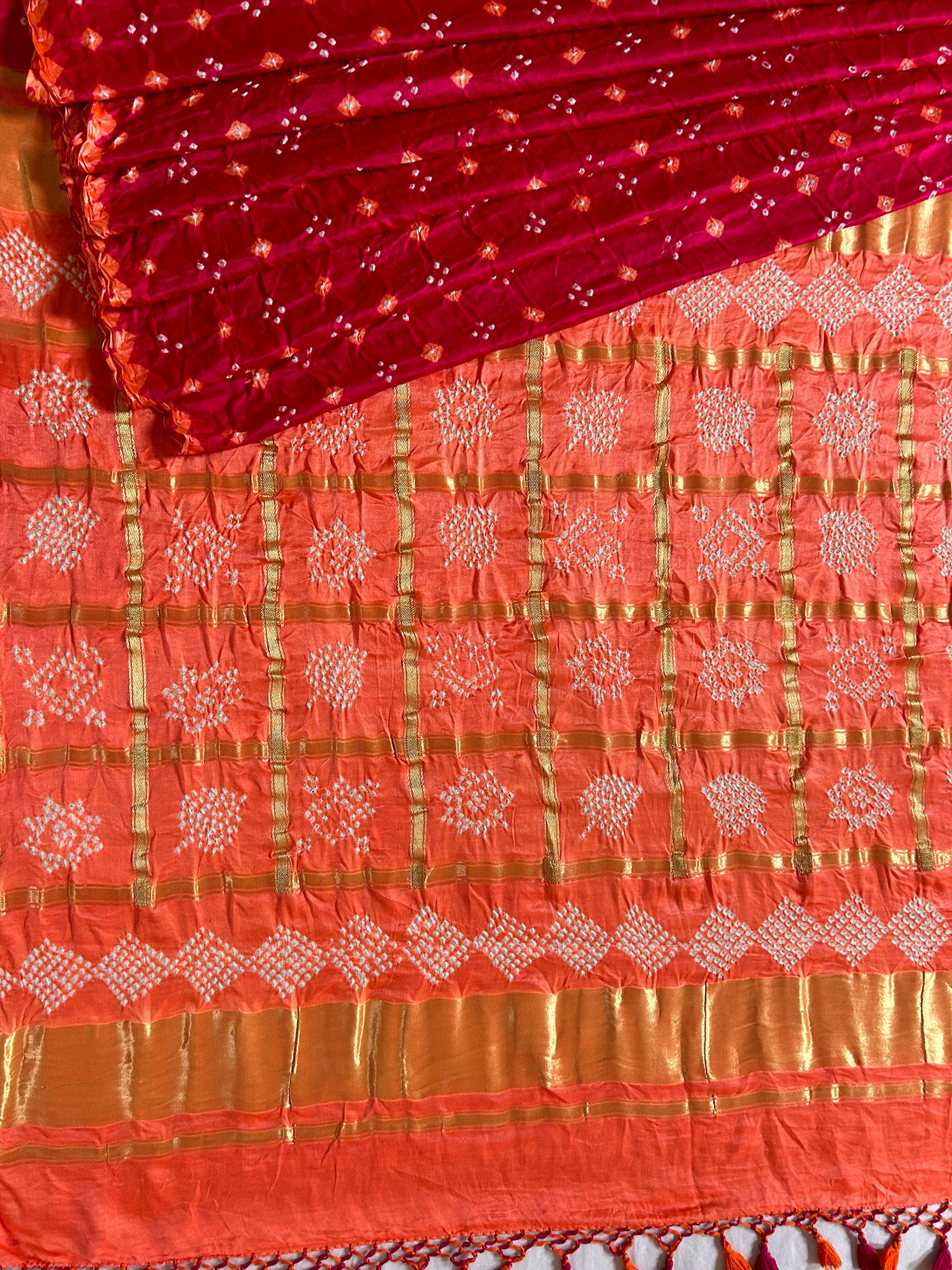 GAURI: Pure Gajji Silk Rai dana designer Bandhani Gharchola Saree.