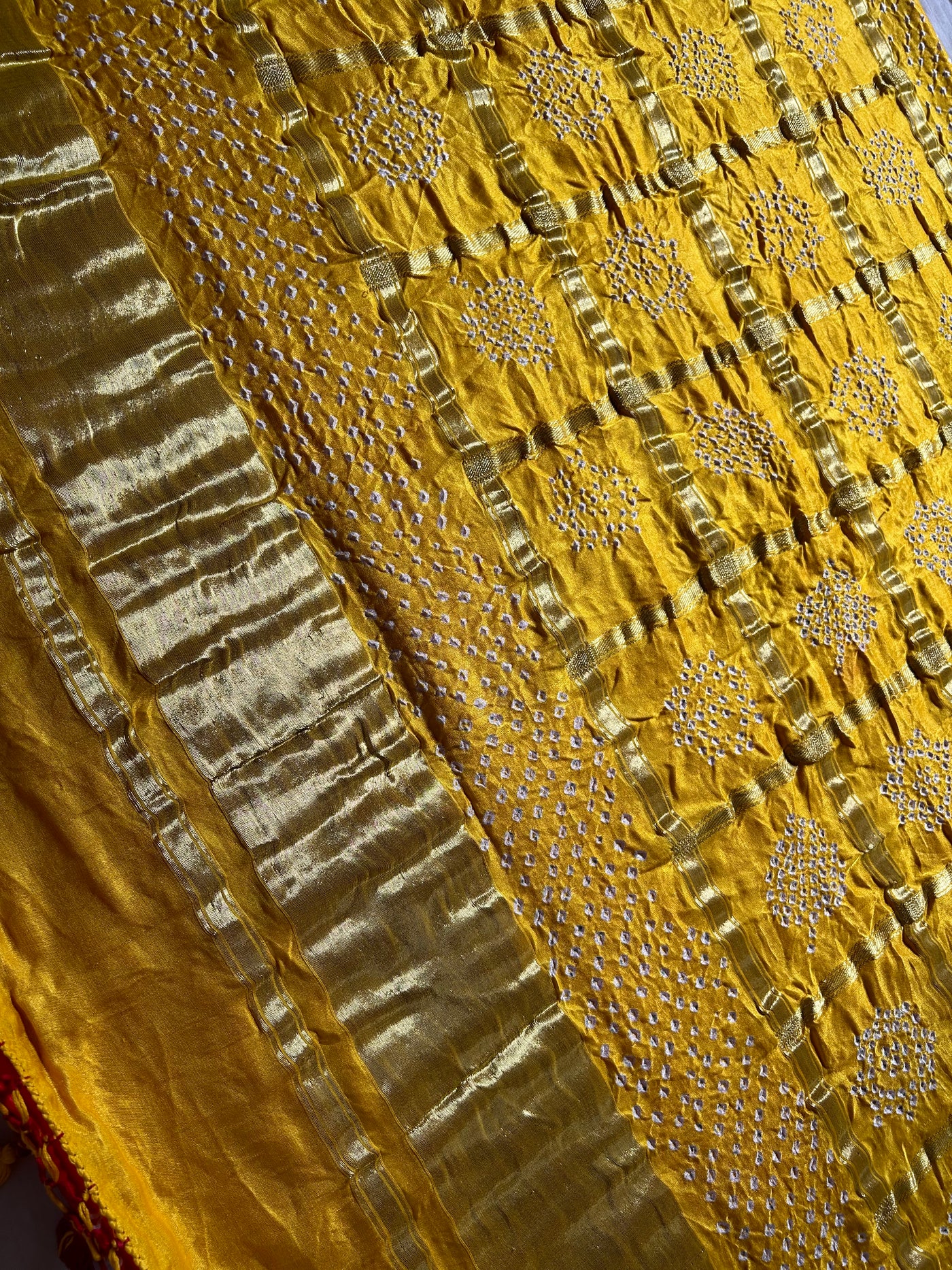 JAYA: Pure Gajji Silk Rai dana designer Bandhani Gharchola Saree.