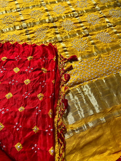 JAYA: Pure Gajji Silk Rai dana designer Bandhani Gharchola Saree.