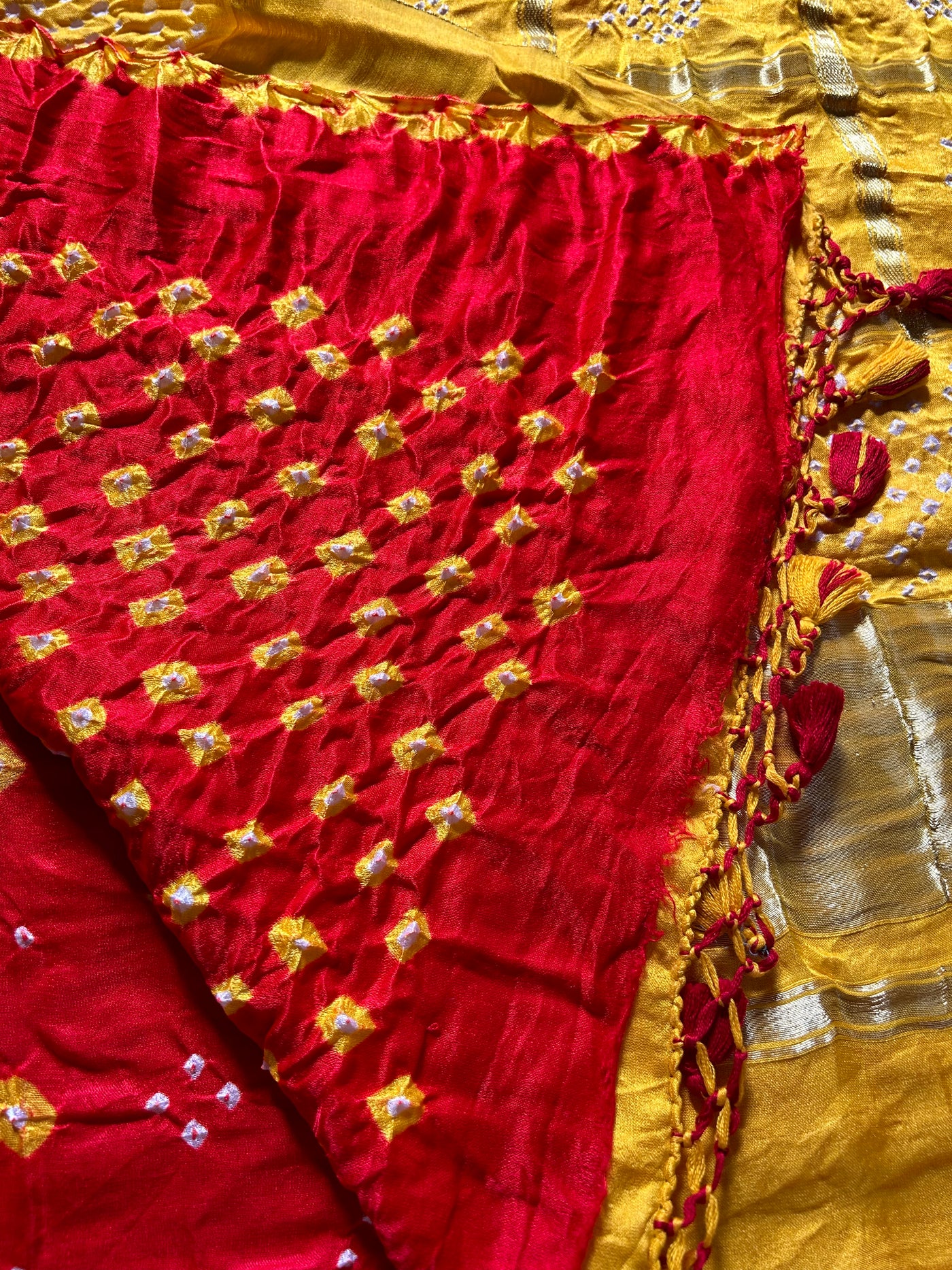 JAYA: Pure Gajji Silk Rai dana designer Bandhani Gharchola Saree.