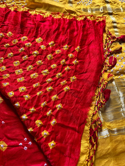 JAYA: Pure Gajji Silk Rai dana designer Bandhani Gharchola Saree.