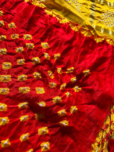 JAYA: Pure Gajji Silk Rai dana designer Bandhani Gharchola Saree.