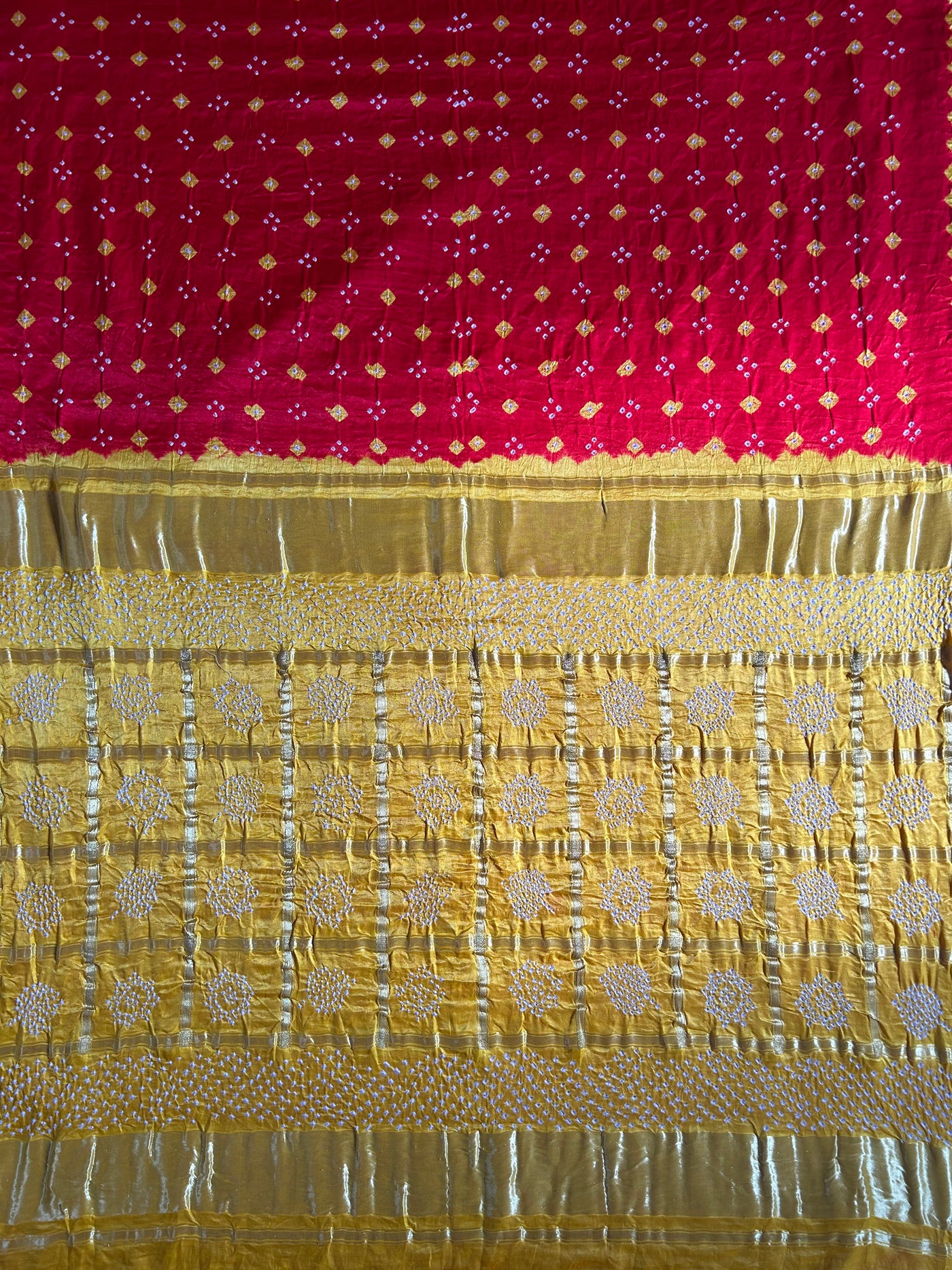 JAYA: Pure Gajji Silk Rai dana designer Bandhani Gharchola Saree.