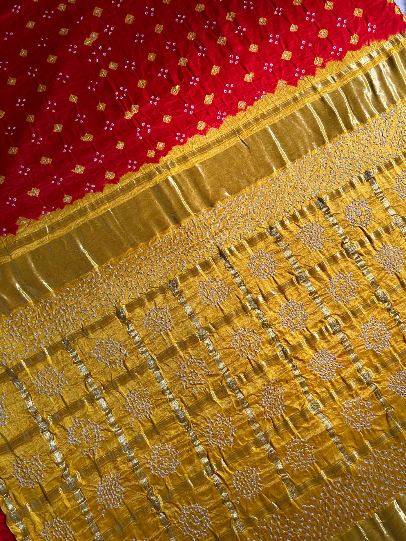 JAYA: Pure Gajji Silk Rai dana designer Bandhani Gharchola Saree.