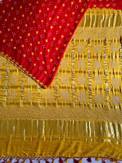 JAYA: Pure Gajji Silk Rai dana designer Bandhani Gharchola Saree.