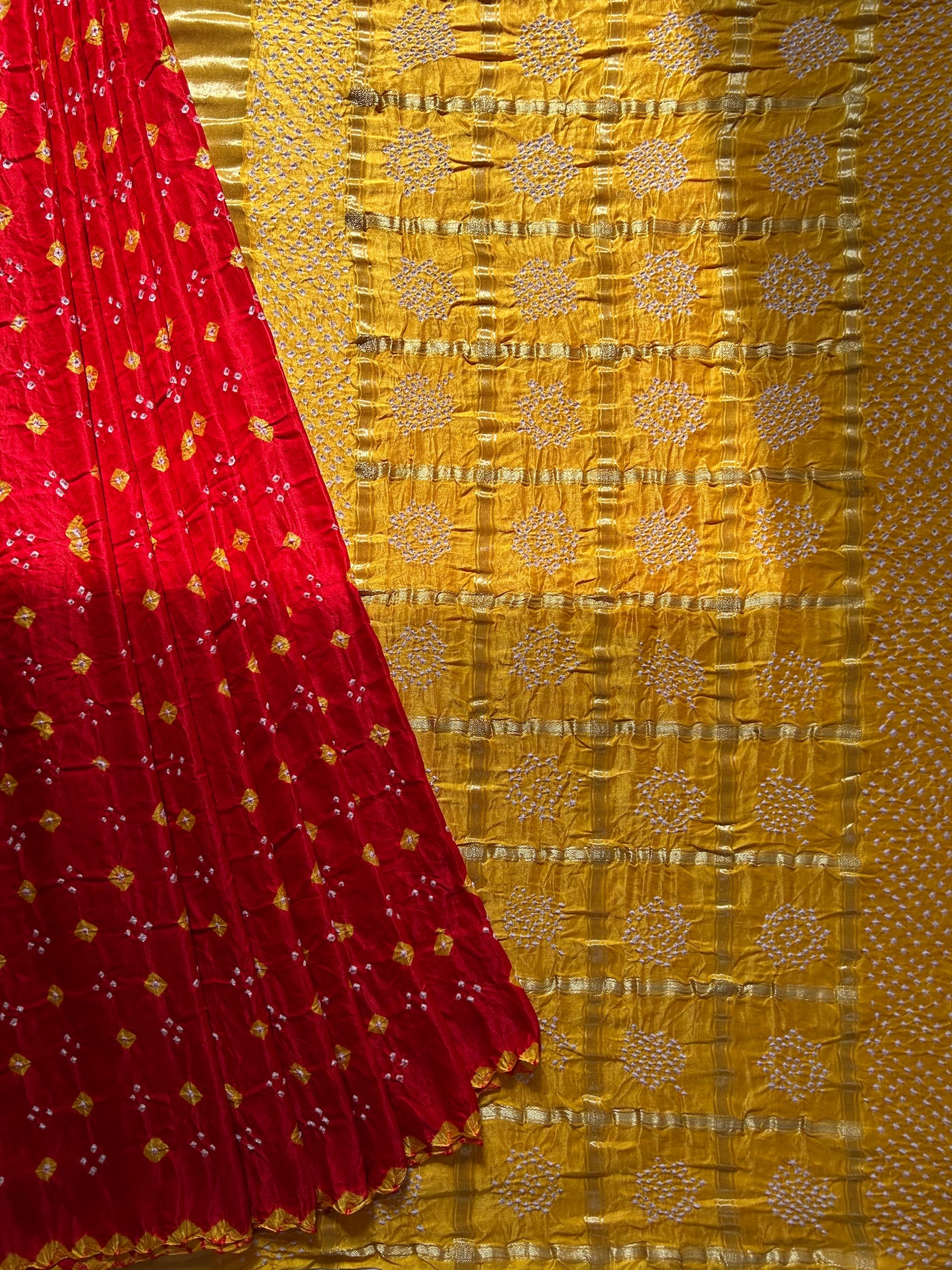 JAYA: Pure Gajji Silk Rai dana designer Bandhani Gharchola Saree.