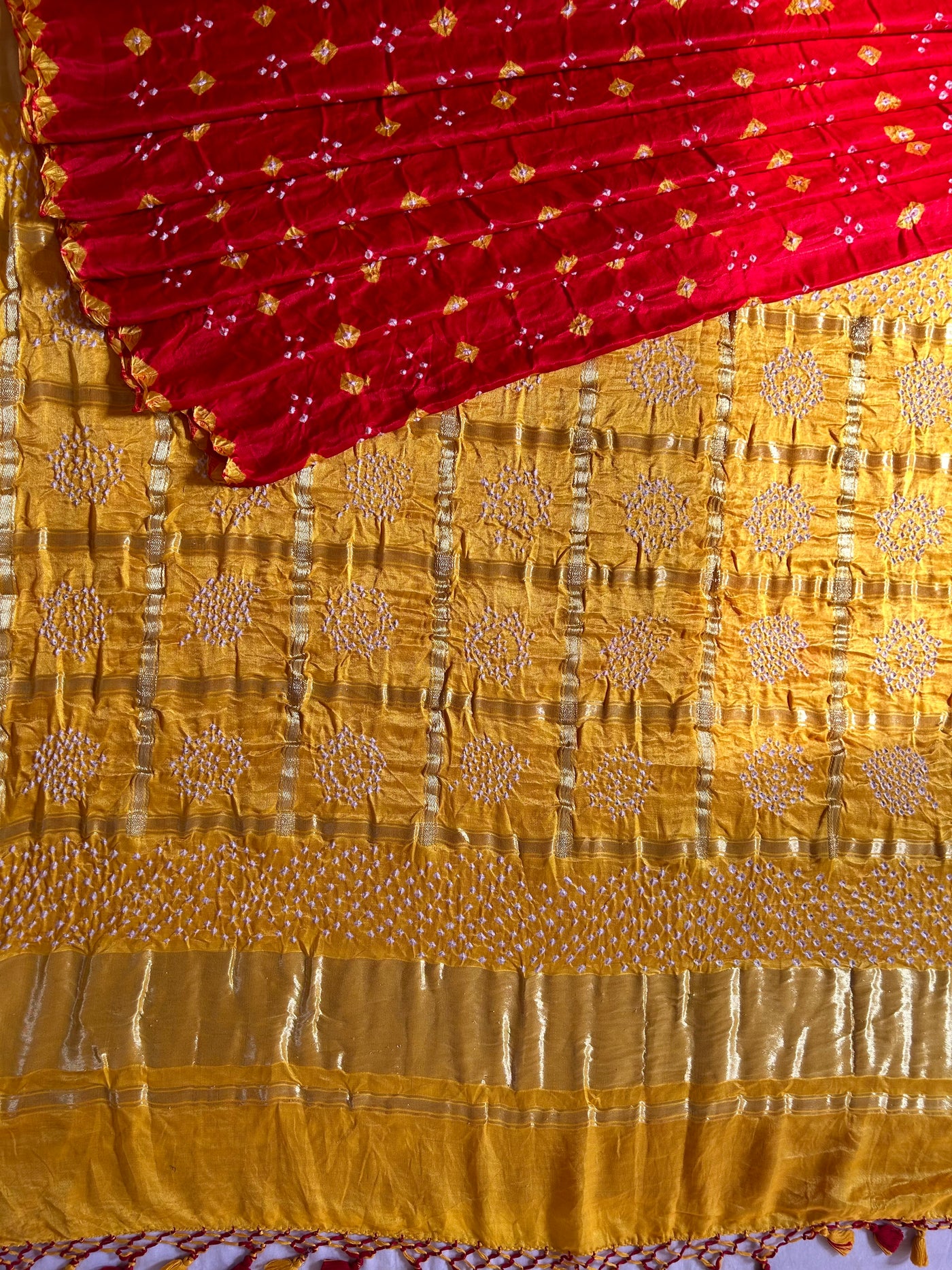 JAYA: Pure Gajji Silk Rai dana designer Bandhani Gharchola Saree.