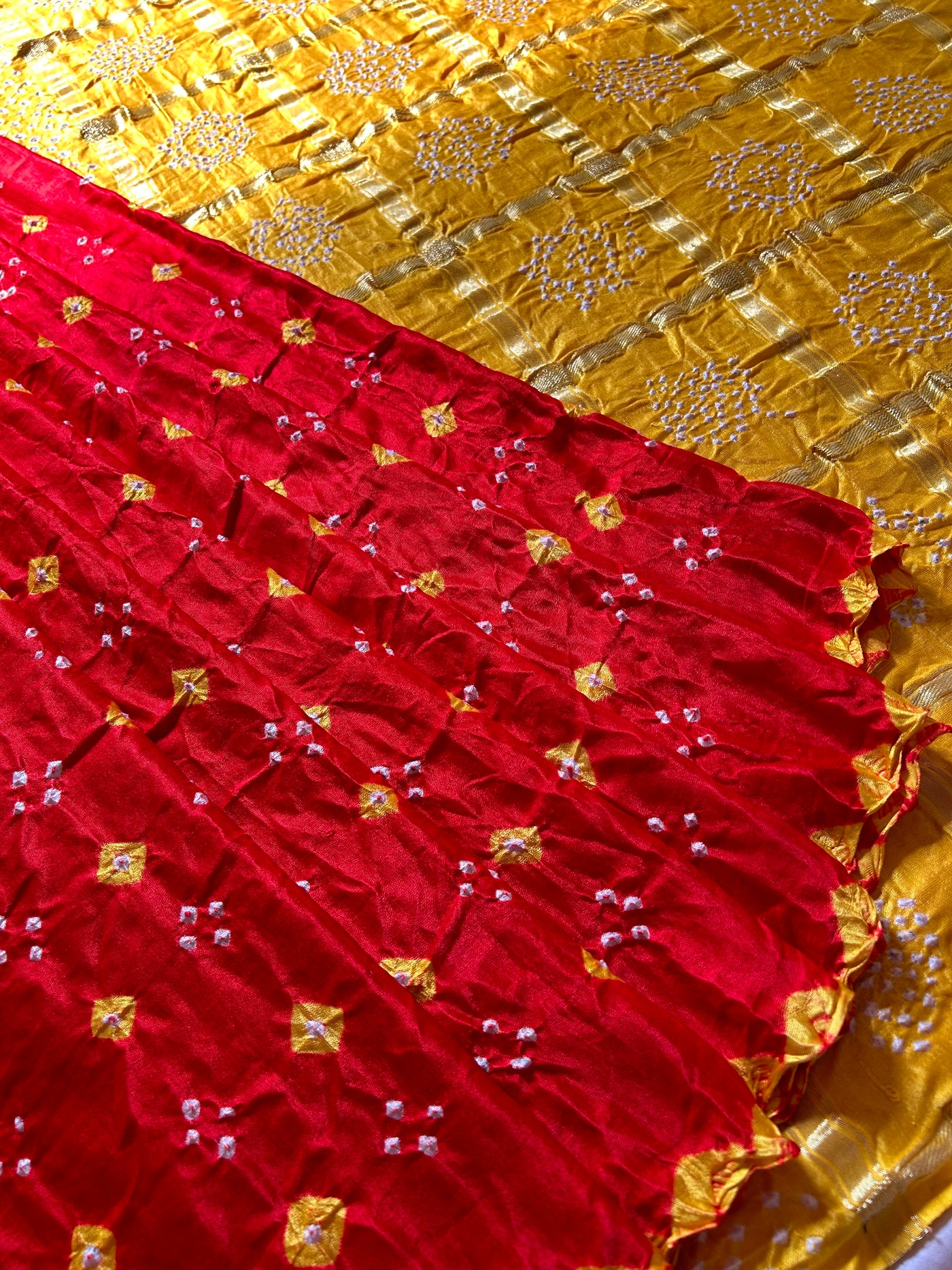 JAYA: Pure Gajji Silk Rai dana designer Bandhani Gharchola Saree.