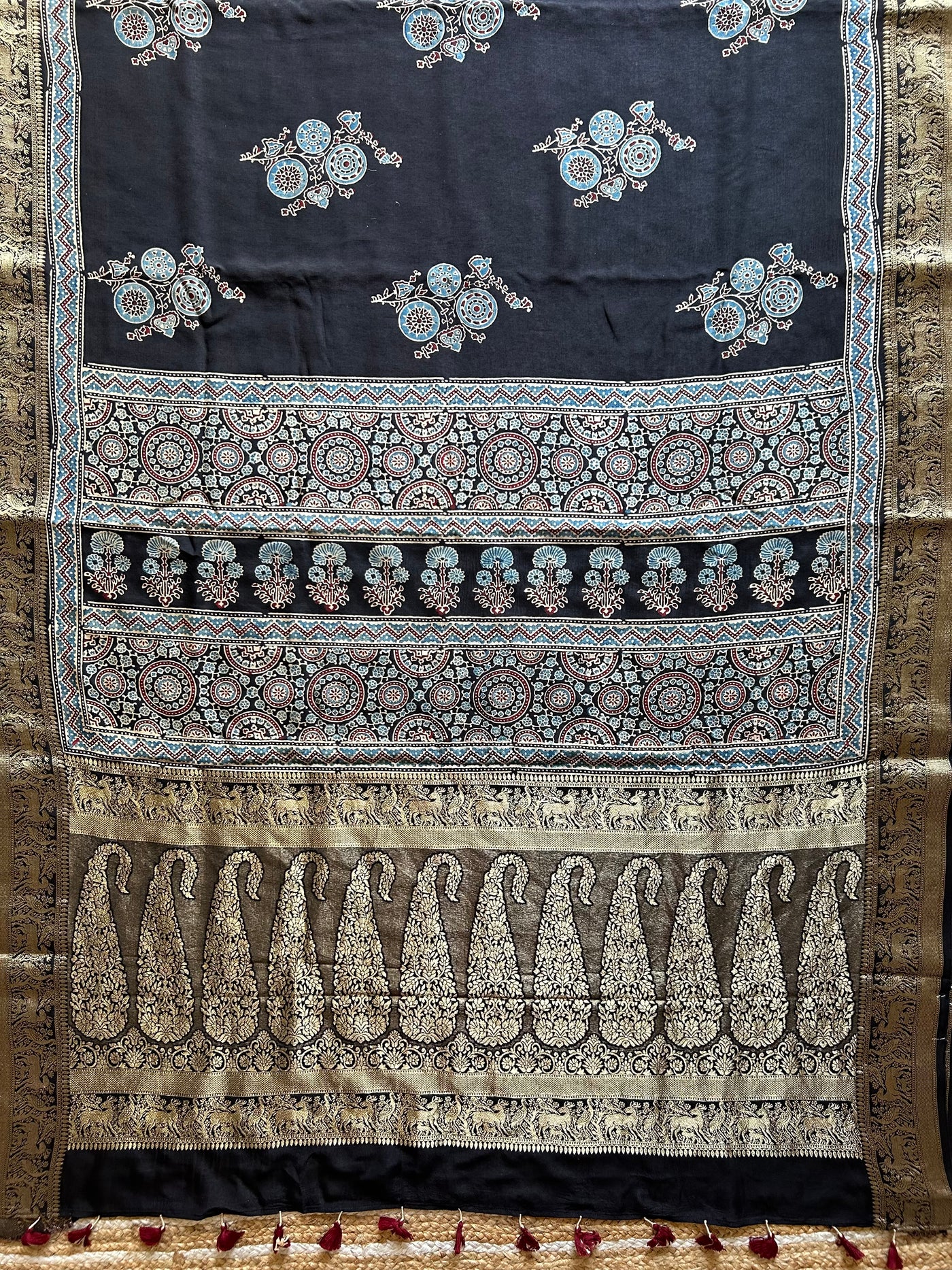 KESHAV:BLACK,HANDBLOCK AJRAKH DOLA SILK SAREE WITH MEENAKARI PALLU.