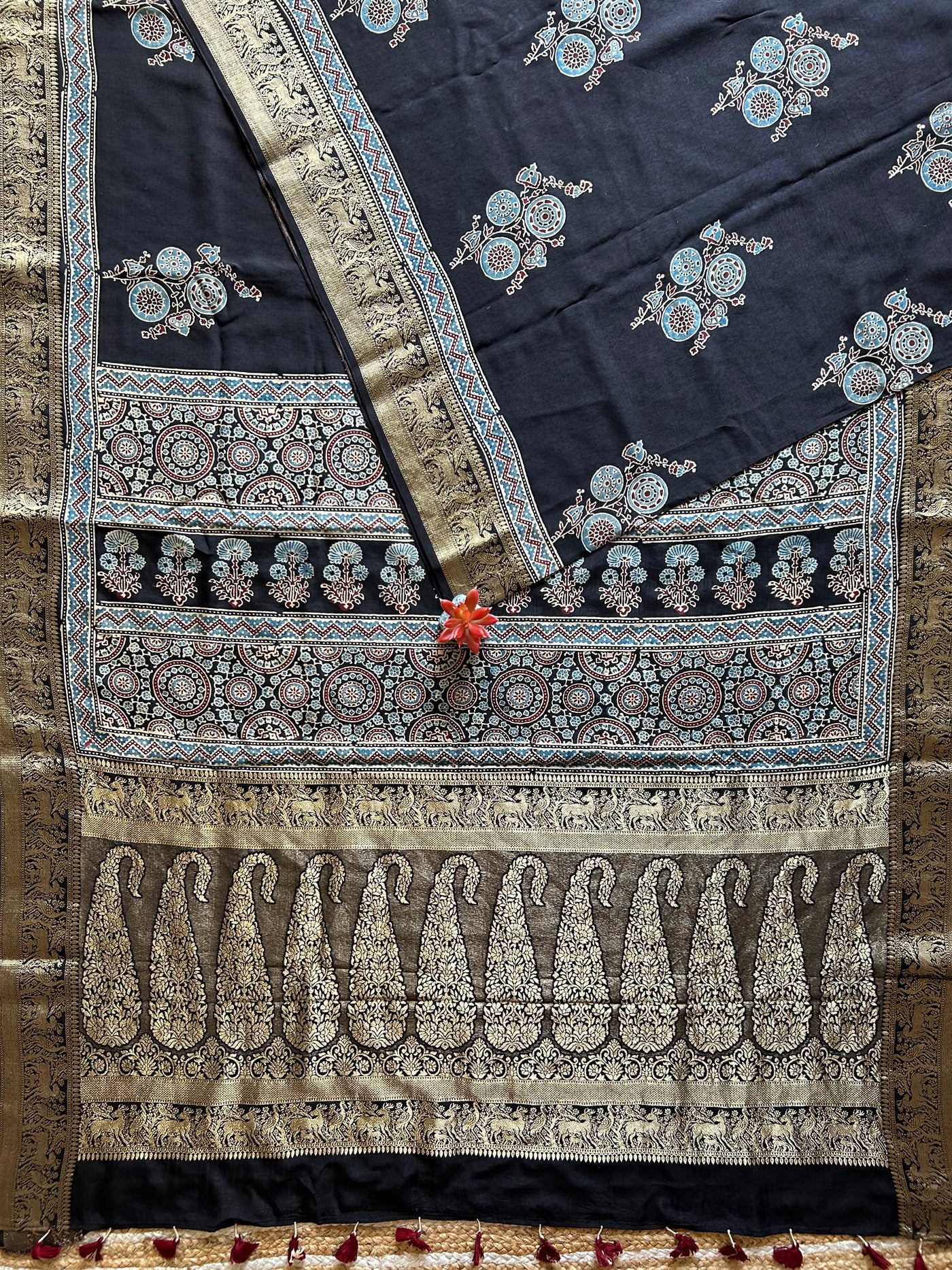 KESHAV:BLACK,HANDBLOCK AJRAKH DOLA SILK SAREE WITH MEENAKARI PALLU.