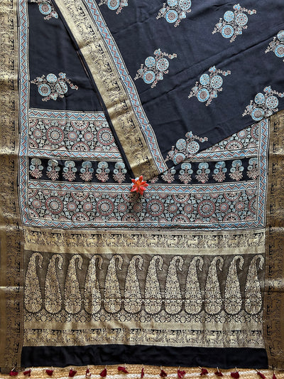 KESHAV: Handblock Dola silk ajrakh sari