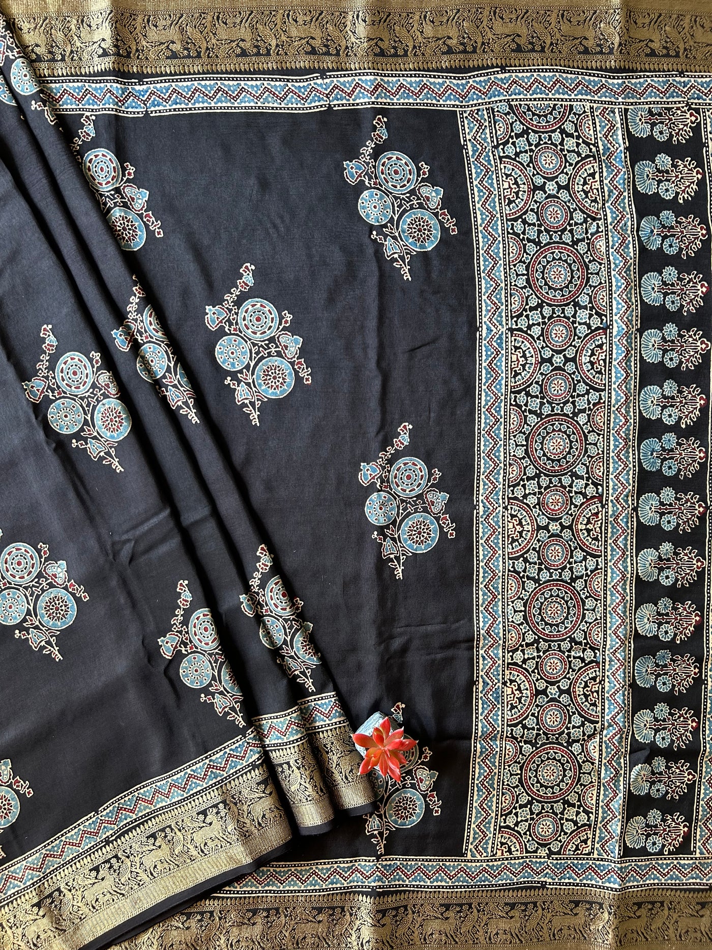 KESHAV: Handblock Dola silk ajrakh sari