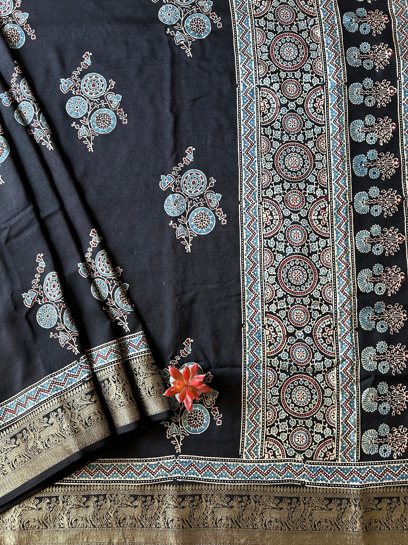 KESHAV: Handblock Dola silk ajrakh sari