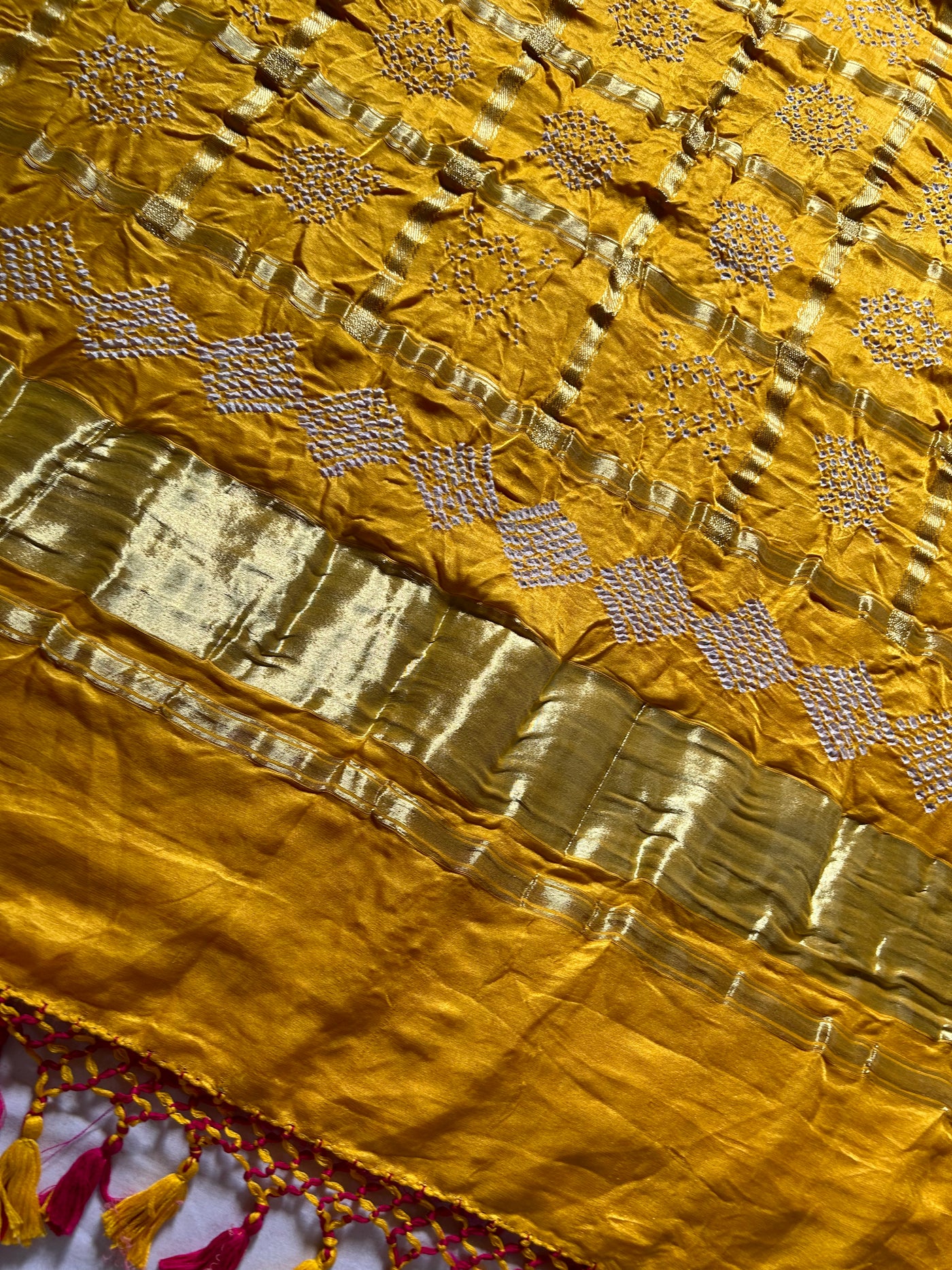 NALINI: Pure Gajji Silk Rai dana designer Bandhani Gharchola Saree.