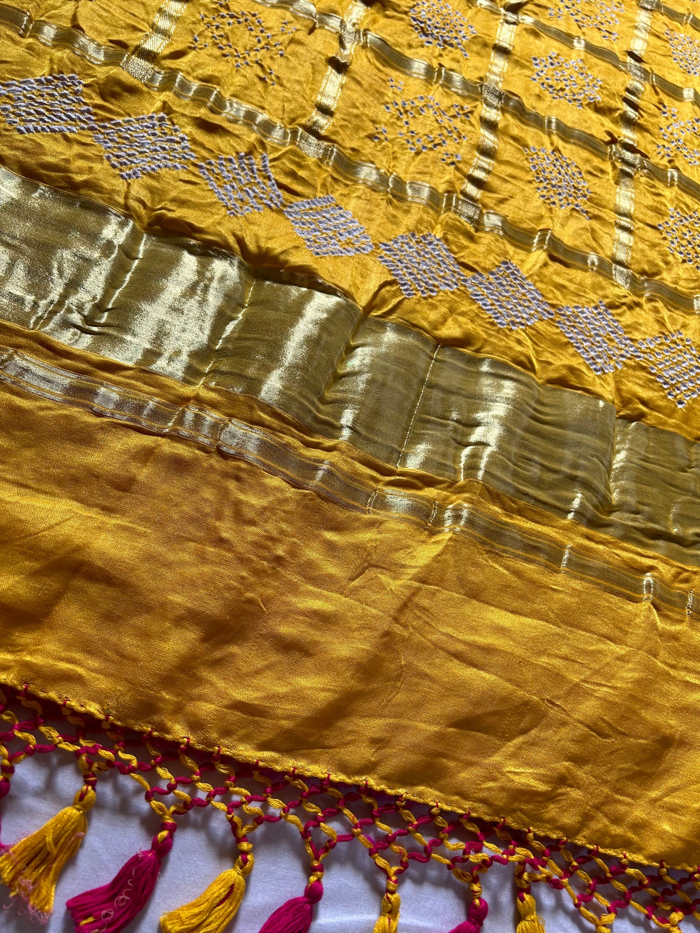 NALINI: Pure Gajji Silk Rai dana designer Bandhani Gharchola Saree.