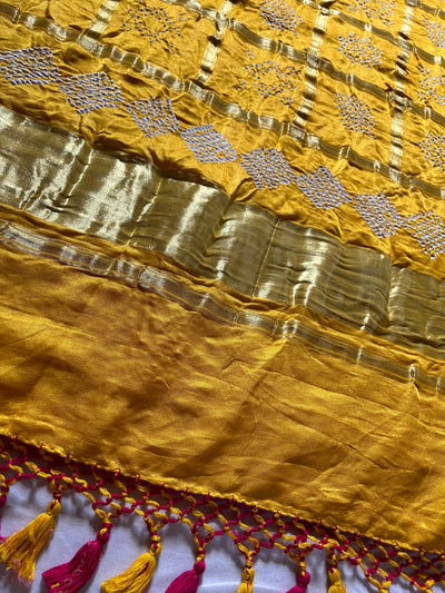 NALINI: Pure Gajji Silk Rai dana designer Bandhani Gharchola Saree.