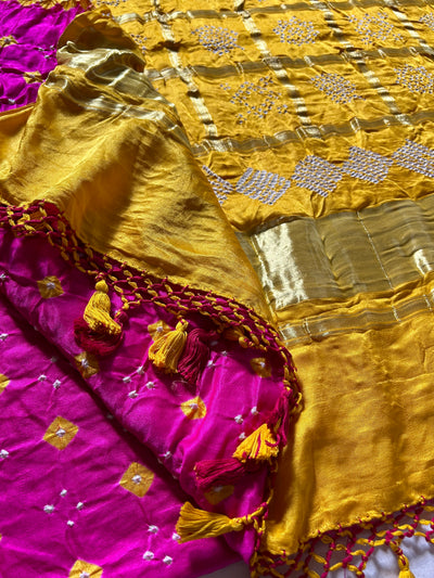 NALINI: Pure Gajji Silk Rai dana designer Bandhani Gharchola Saree.