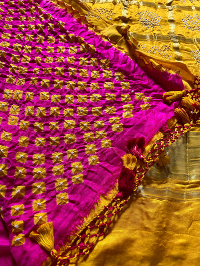 NALINI: Pure Gajji Silk Rai dana designer Bandhani Gharchola Saree.