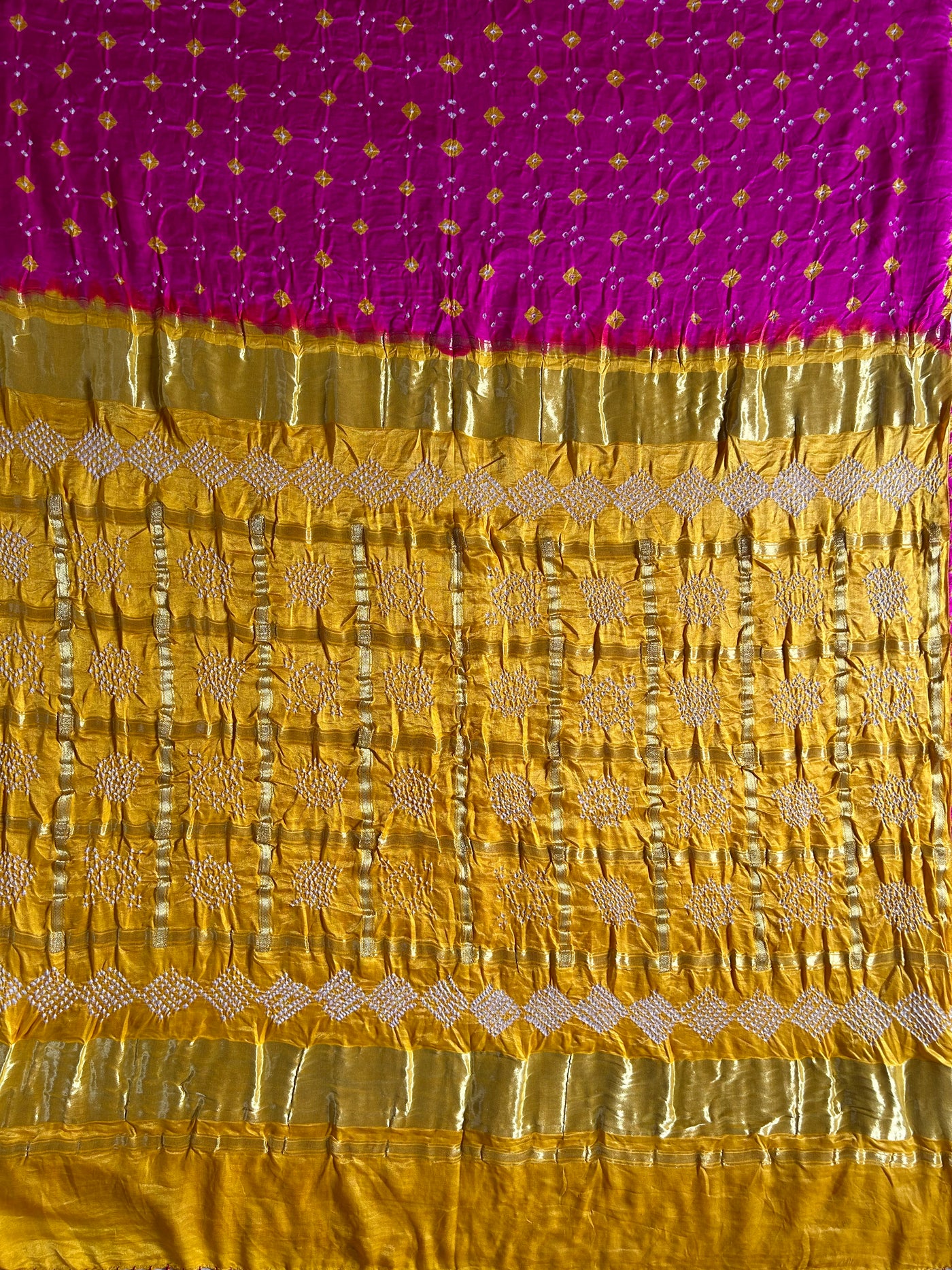 NALINI: Pure Gajji Silk Rai dana designer Bandhani Gharchola Saree.