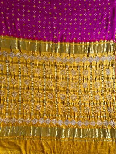 NALINI: Pure Gajji Silk Rai dana designer Bandhani Gharchola Saree.