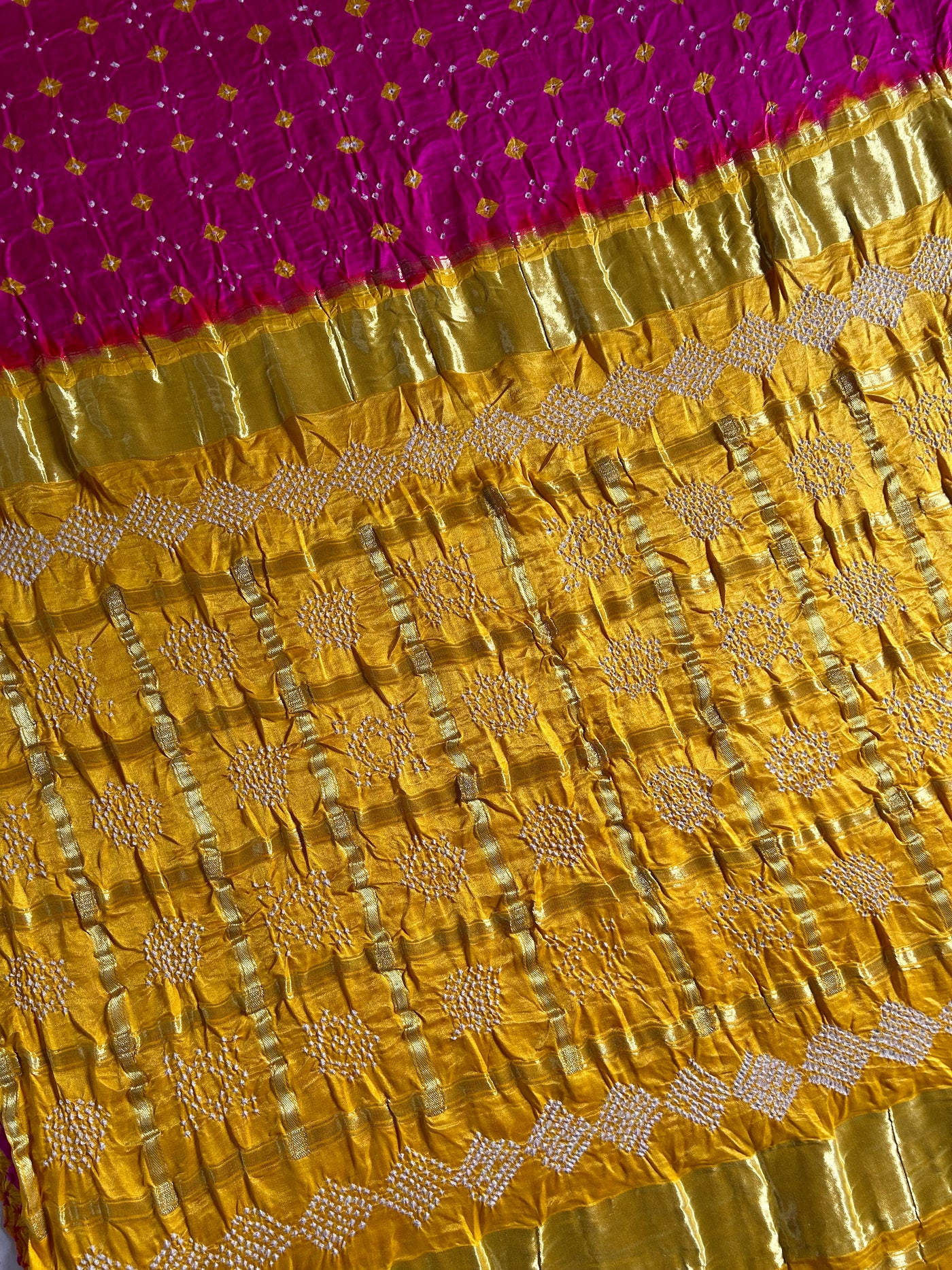 NALINI: Pure Gajji Silk Rai dana designer Bandhani Gharchola Saree.