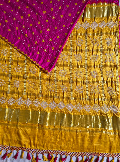 NALINI: Pure Gajji Silk Rai dana designer Bandhani Gharchola Saree.