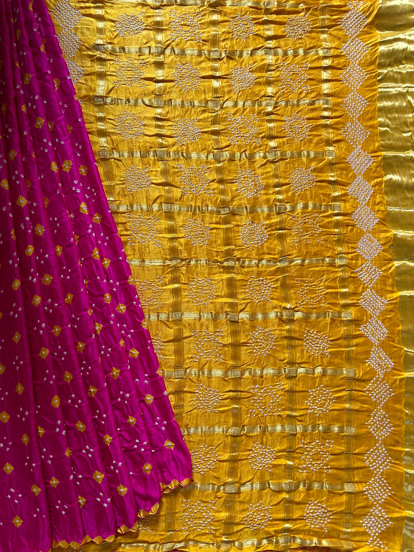 NALINI: Pure Gajji Silk Rai dana designer Bandhani Gharchola Saree.