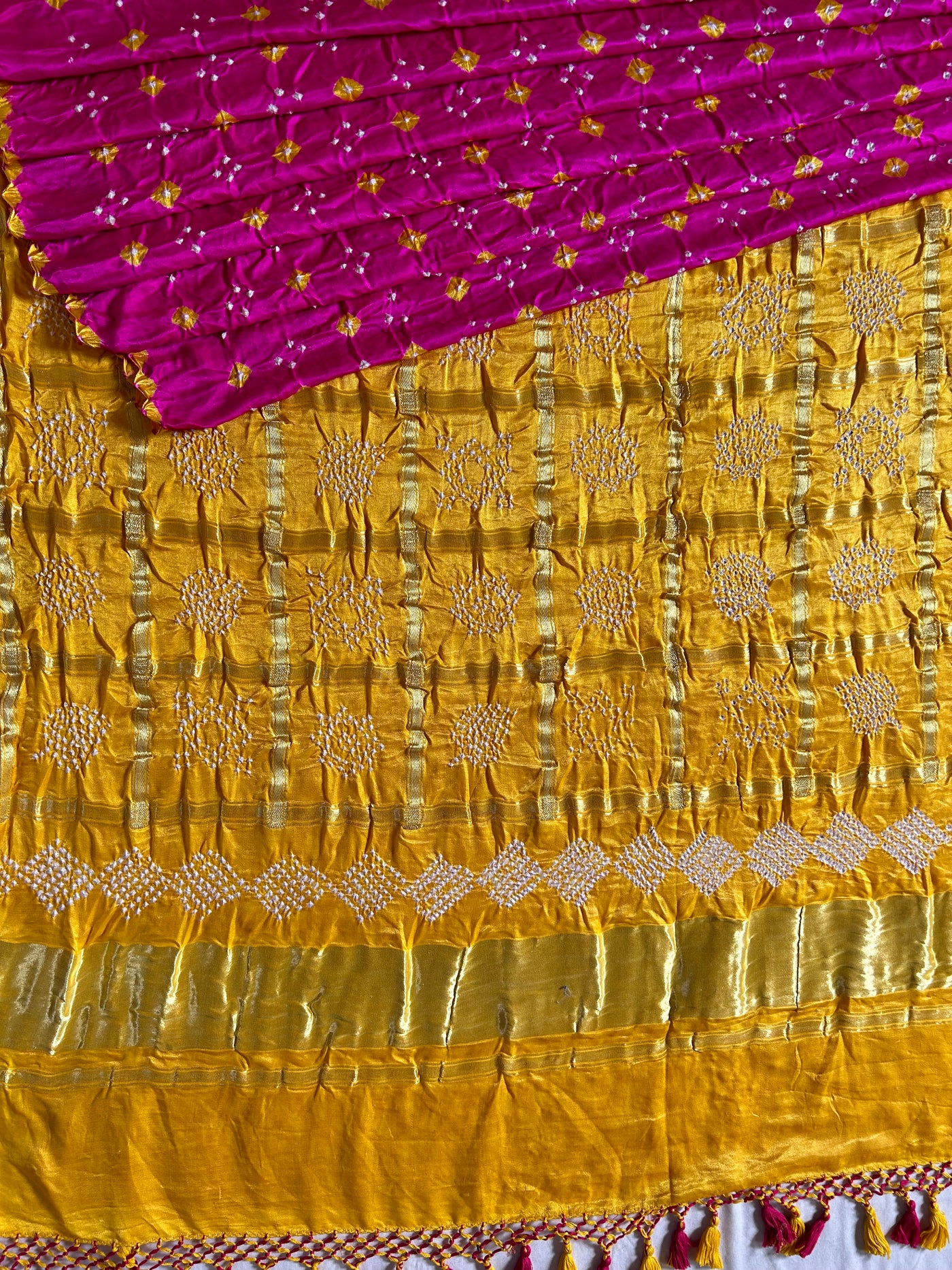 NALINI: Pure Gajji Silk Rai dana designer Bandhani Gharchola Saree.