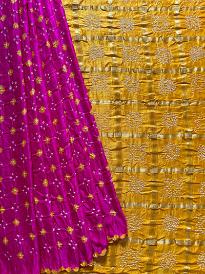 NALINI: Pure Gajji Silk Rai dana designer Bandhani Gharchola Saree.