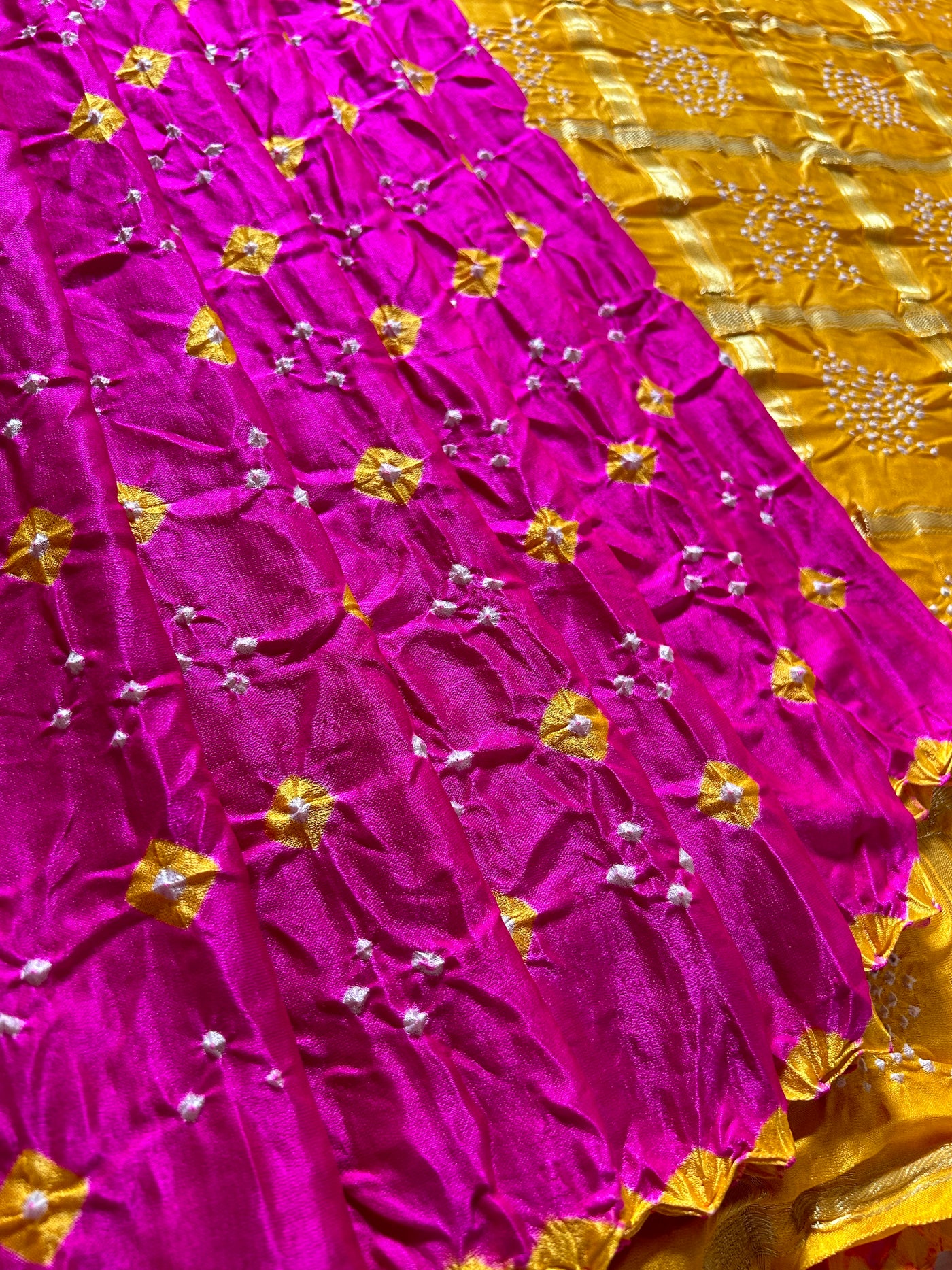 NALINI: Pure Gajji Silk Rai dana designer Bandhani Gharchola Saree.