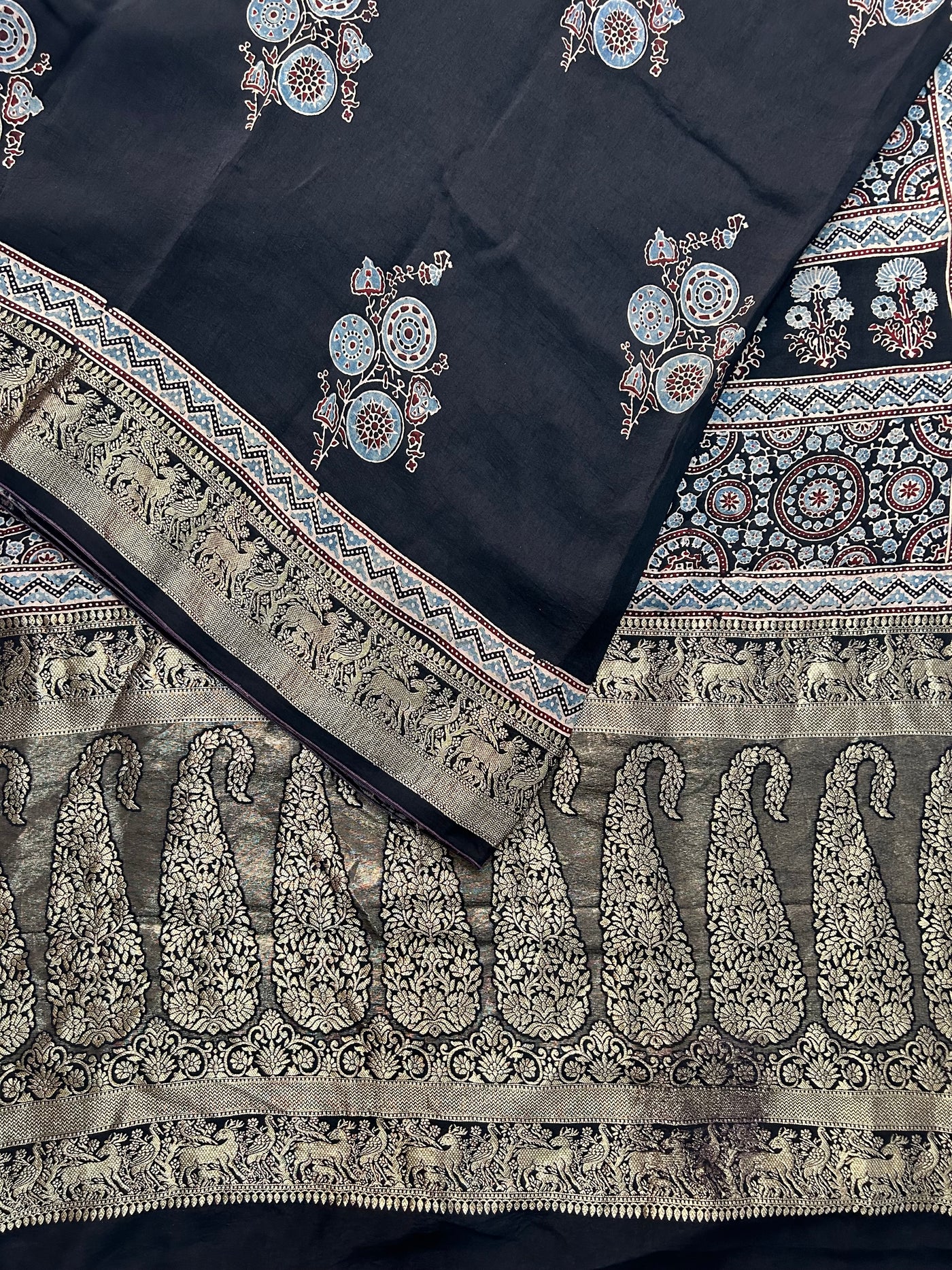 KESHAV: Handblock Dola silk ajrakh sari