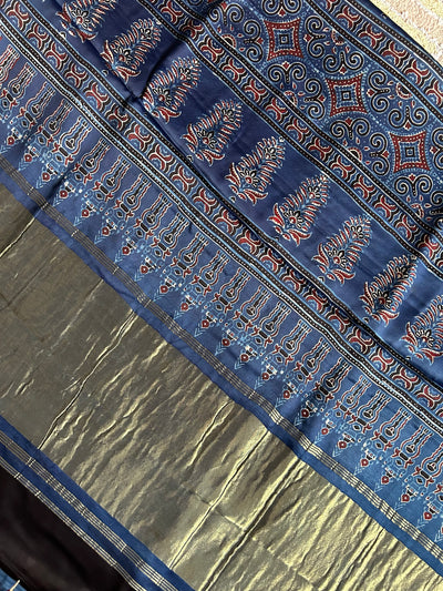 GORI: Handblock Modal Silk Tissue Ajrakh Saree