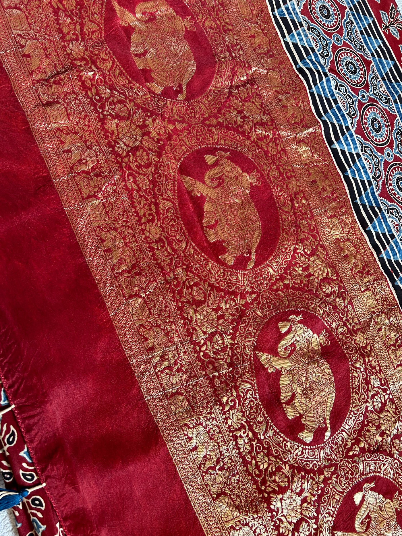 Rubaru:Handblock Ajrakh Dola Silk Saree With Meenakari Pallu.