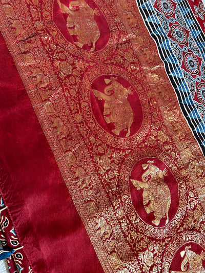 Rubaru:Handblock Ajrakh Dola Silk Saree With Meenakari Pallu.