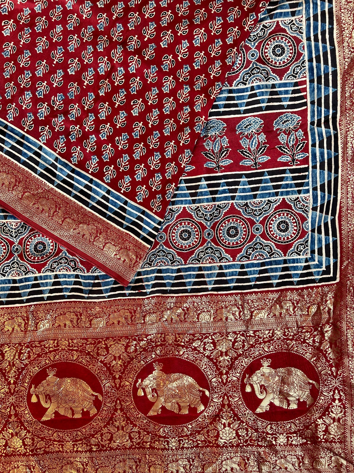 Rubaru:Handblock Ajrakh Dola Silk Saree With Meenakari Pallu.