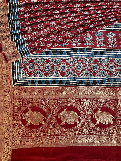 Rubaru:Handblock Ajrakh Dola Silk Saree With Meenakari Pallu.