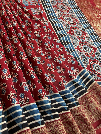 Rubaru:Handblock Ajrakh Dola Silk Saree With Meenakari Pallu.