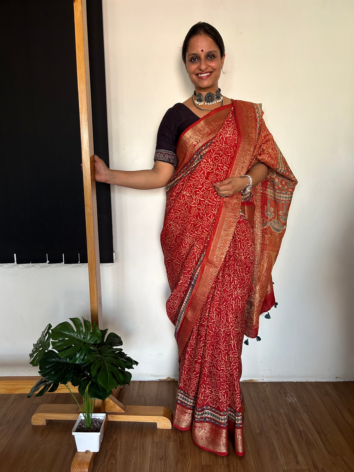 ARUNDHATI:Handmade Ajrakh Dola Silk Saree with Meenakari Pallu