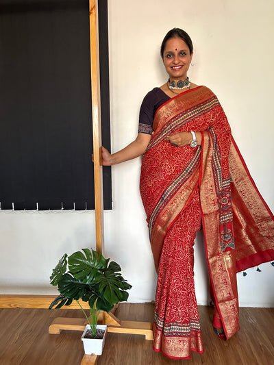 ARUNDHATI:Handmade Ajrakh Dola Silk Saree with Meenakari Pallu
