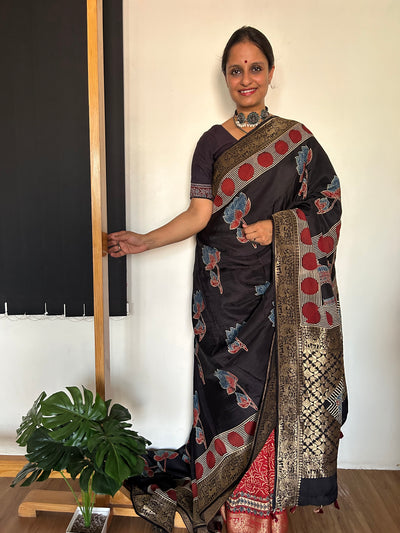 GUNJA:Handblock Ajrakh Dola Silk Ajrakh Saree with Meenakari Pallu