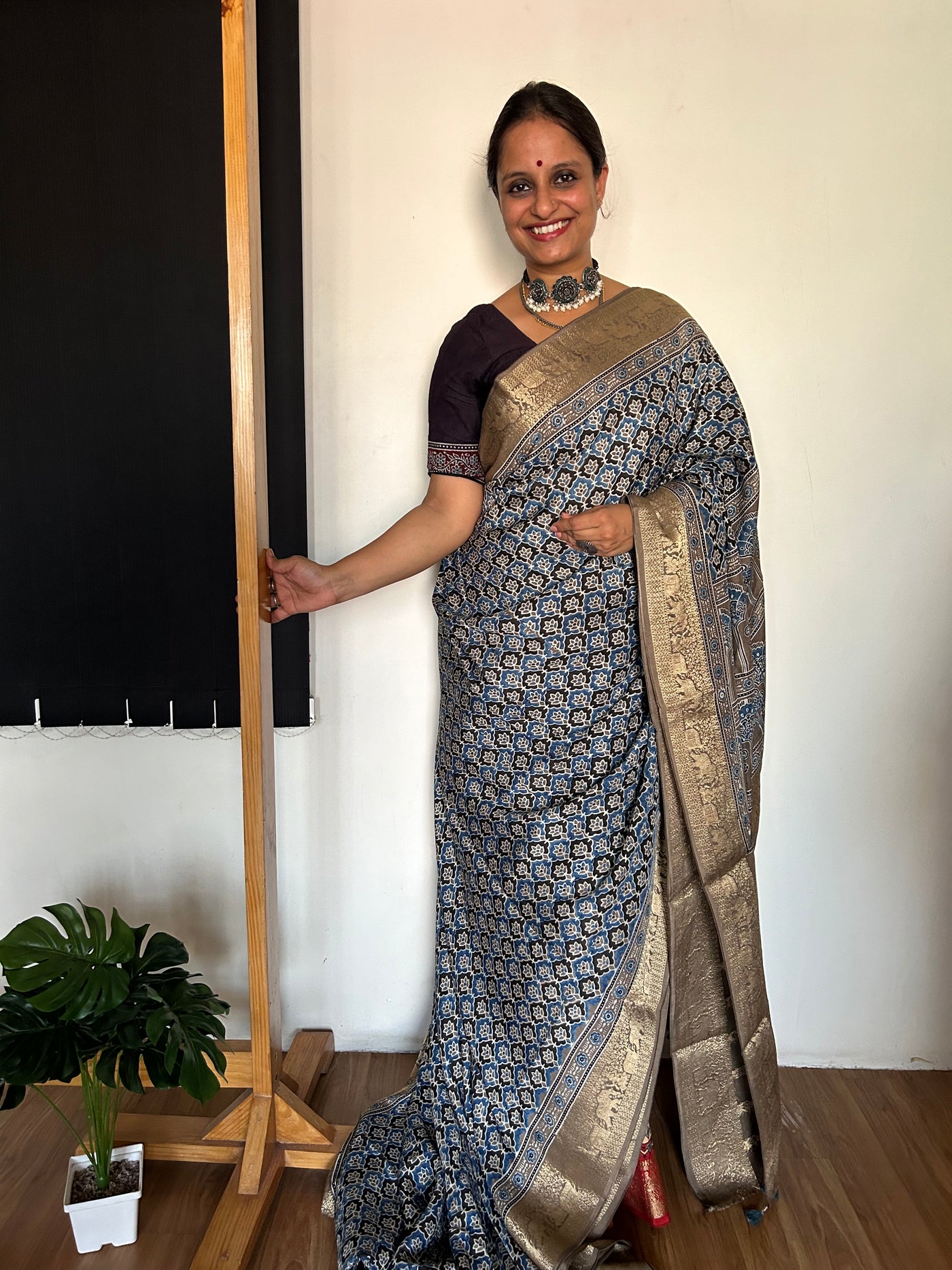 ROHINI: HANDBLOCK AJRAKH DOLA SILK SAREE WITH MEENAKARI PALLU