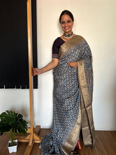 ROHINI: HANDBLOCK AJRAKH DOLA SILK SAREE WITH MEENAKARI PALLU