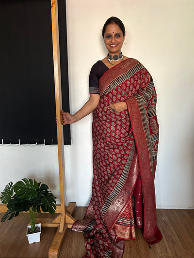 Rubaru:Handblock Ajrakh Dola Silk Saree With Meenakari Pallu.