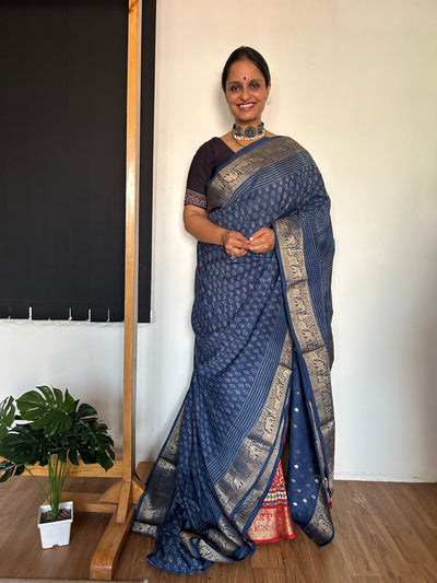 GAYATRI : HANDBLOCK AJRAKH DOLA SILK SAREE WITH MEENAKARI PALLU.