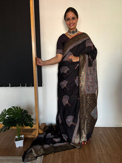 Neelima: HANDBLOCK AJRAKH DOLA SILK SAREE WITH MEENAKARI PALLU.