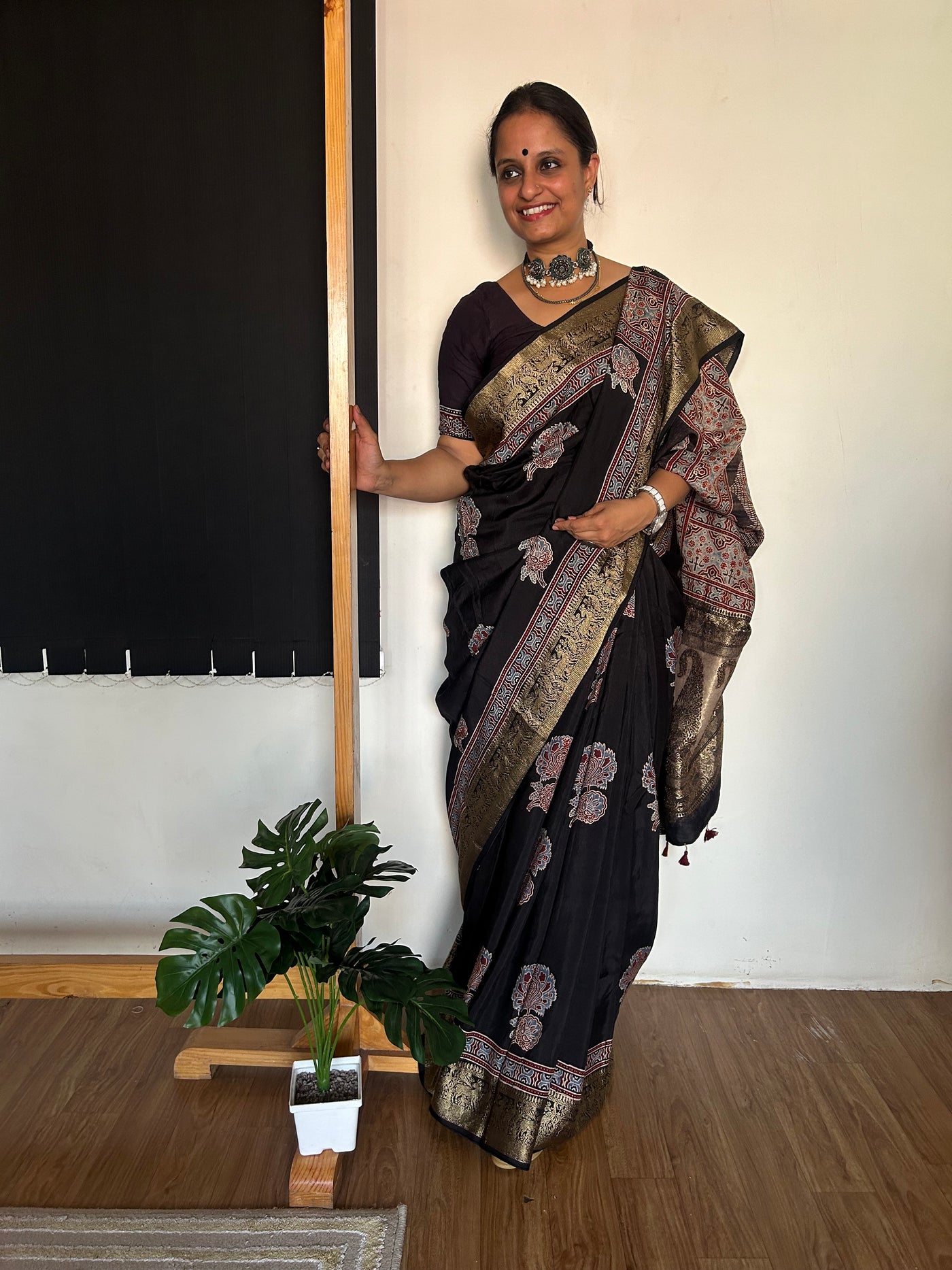 KETKI:HANDBLOCK AJRAKH DOLA SILK SAREE WITH MEENAKARI PALLU