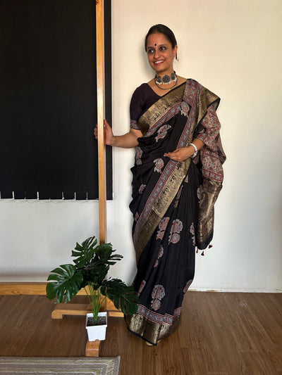 KETKI:HANDBLOCK AJRAKH DOLA SILK SAREE WITH MEENAKARI PALLU
