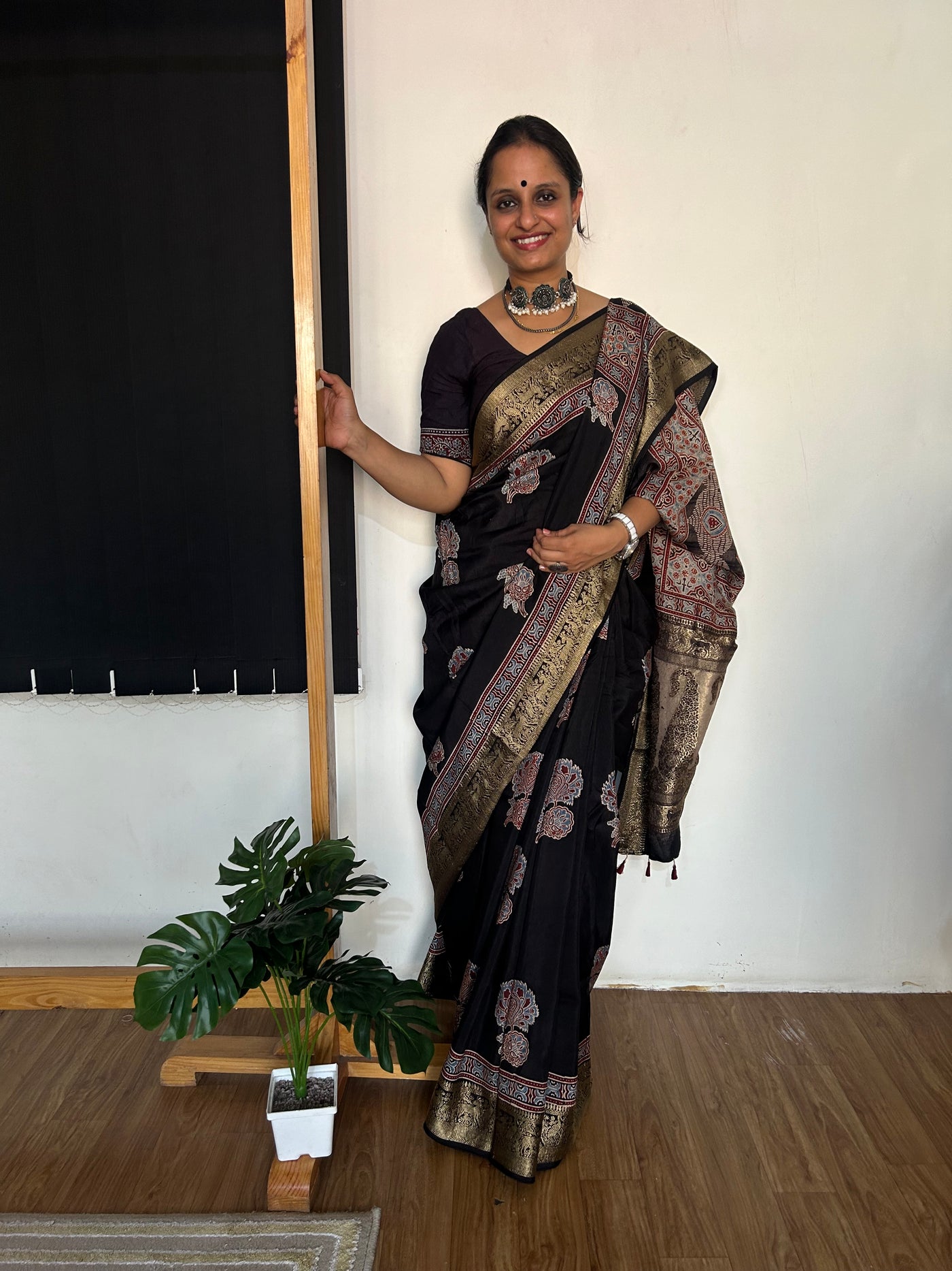 KETKI:HANDBLOCK AJRAKH DOLA SILK SAREE WITH MEENAKARI PALLU